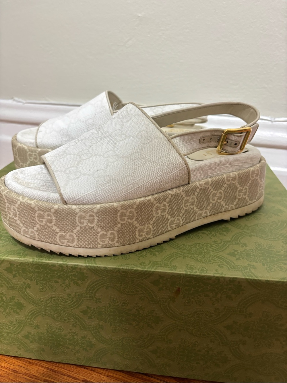 Gucci Off-White Monogram Platform Slingback Sandals